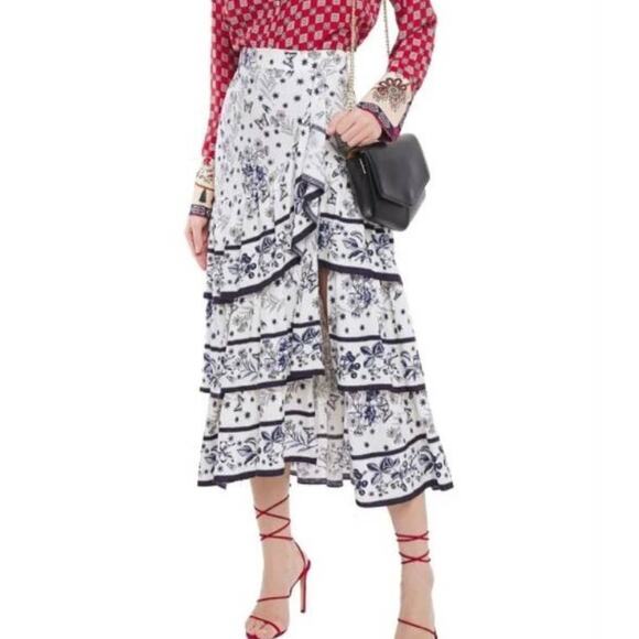 Sandro Skirt Lipa Asymmetric Tiered Ruffle Porcelain Butterfly Floral Midi - Picture 1 of 12